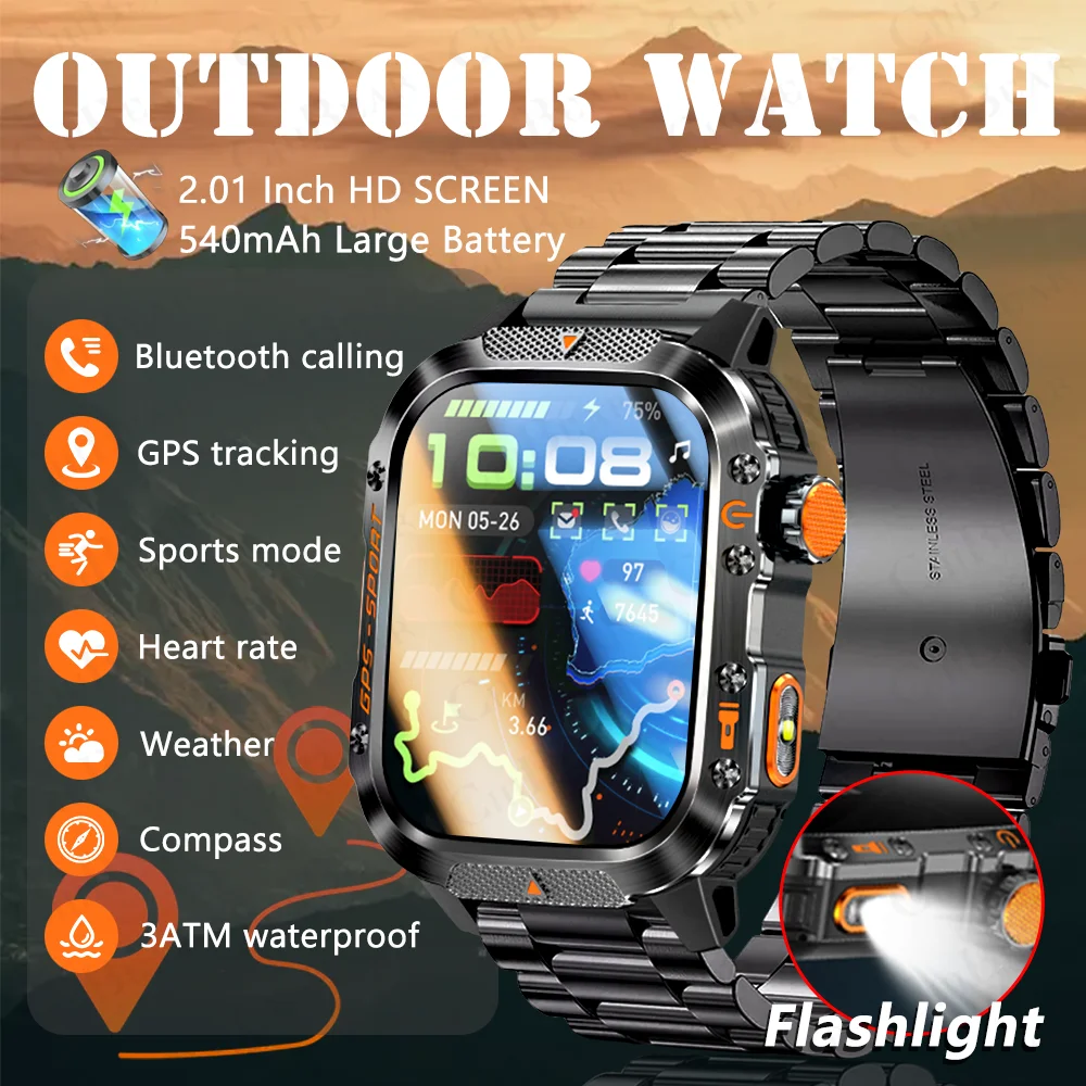 

2025 New GPS Sports Smartwatch 540mAh Long Battery Flashlight Compass Altimeter Bluetooth Call IP68 Waterproof Men Smart Watch