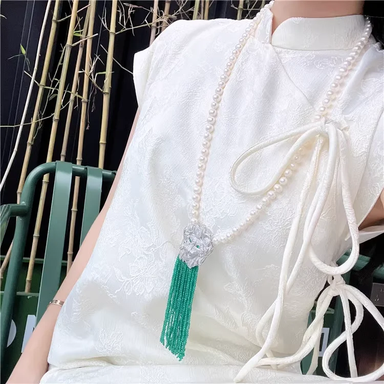 Natural White Pearl Green Faceted Agate Tassel CZ Pave Pendant Long Necklace Sweater Chain Necklace For Women