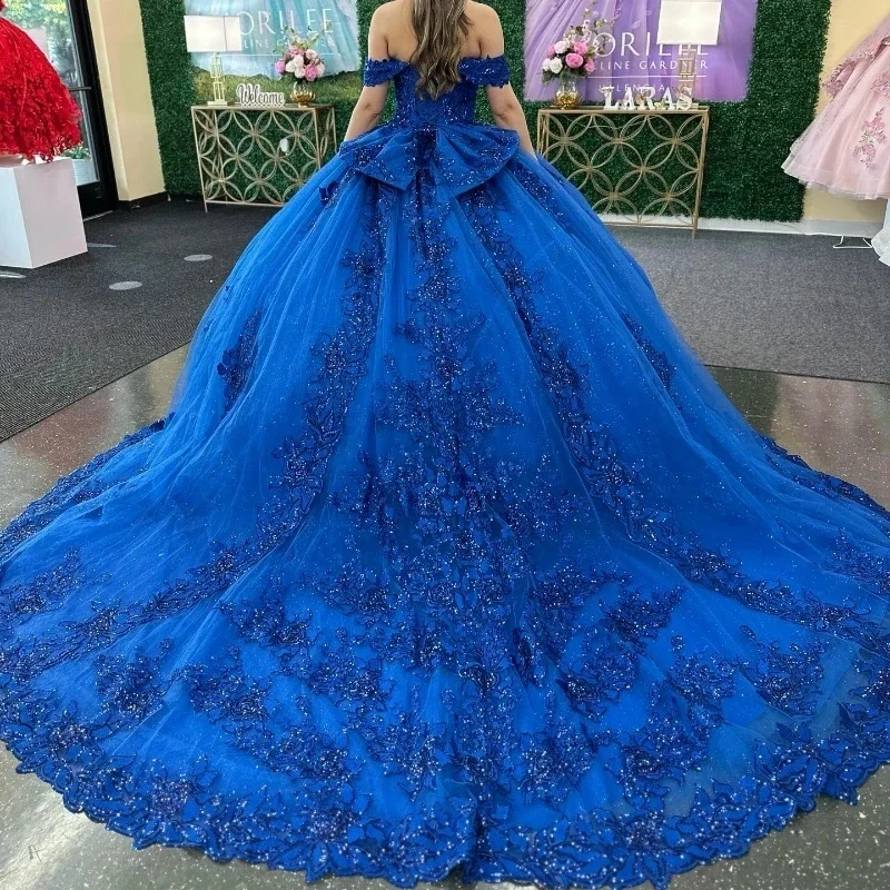 Koningsblauw Prachtige Quinceanera Jurken Applique Kant Kristal Baljurk Uit De Schouder Tule Vestidos De 15-jarig Quinceañeras