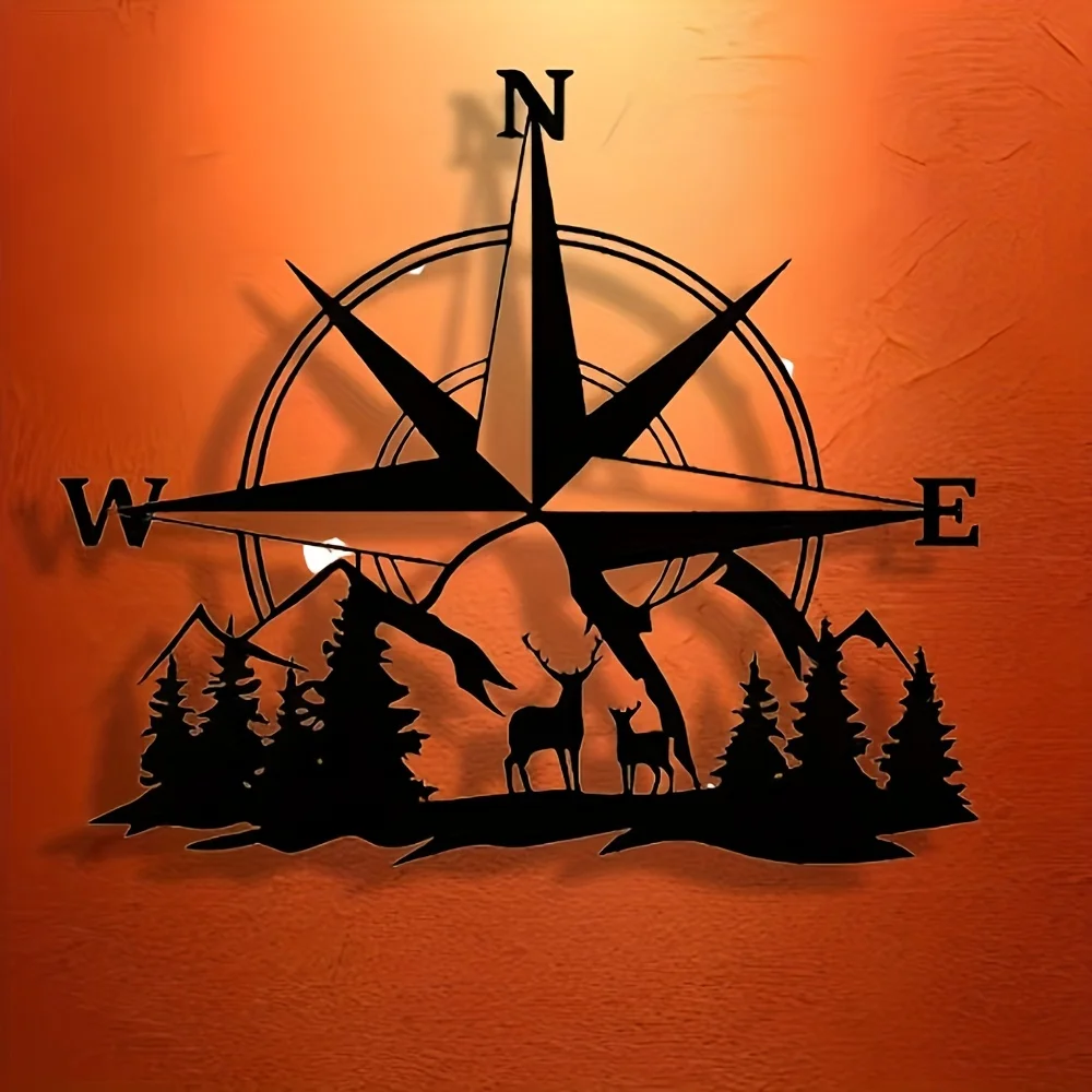 Brand Compass Metal Wall Art Forest Wildlife Silhouette Minimalist Line Cut-Out Hanging Decor for Office Living Room Bedroom Pat
