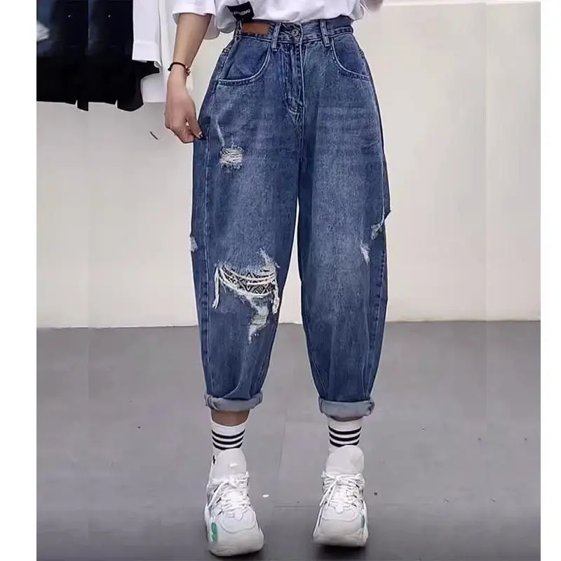 

Модные рваные джинсовые джинсы, женские свободные утягивающие летние брюки с высокой талией, новые брюки с девятью точками Sle Harlan Dad, повседневная мода