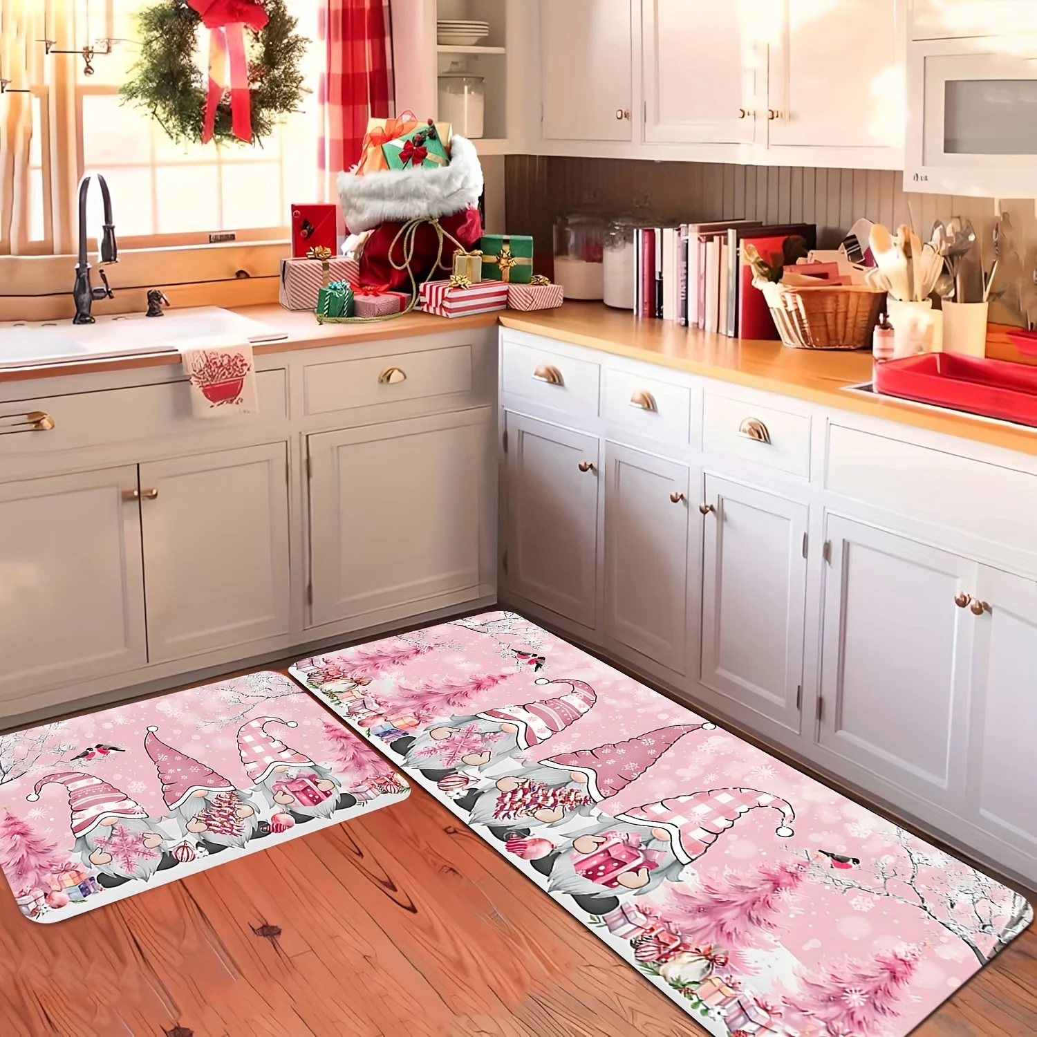 Pink Gnome Pine Tree Christmas Mat,Non-Slip Absorbent Machine Washable Polyester Rug for Indoor Outdoor Multi-Room Holiday Decor