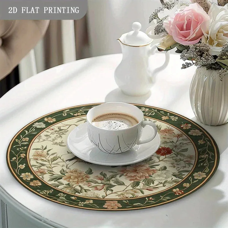VIKAMA 4-Piece Round Placemat Set Rustic Floral Bird Print Heat-Resistant & Non-Slip Kitchen Table Decorative Mats view 4