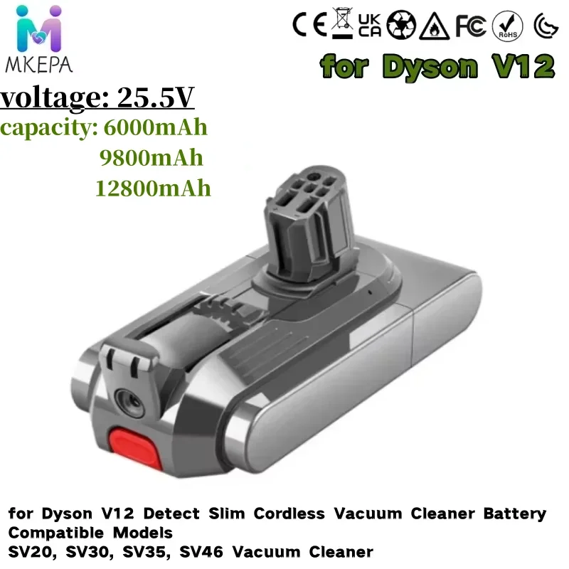 For Dyson V12 Battery 25.5V 6000mAh, compatible with Dyson ultra-thin cordless models SV20,SV30,SV35,SV46 vacuum cleaner