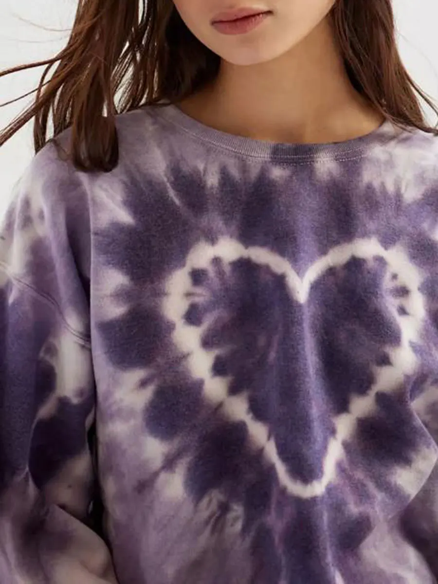 Women s Spring Autumn Loose Sweatshirt Long Sleeve Heart Tie Dye Print Crewneck Pullover