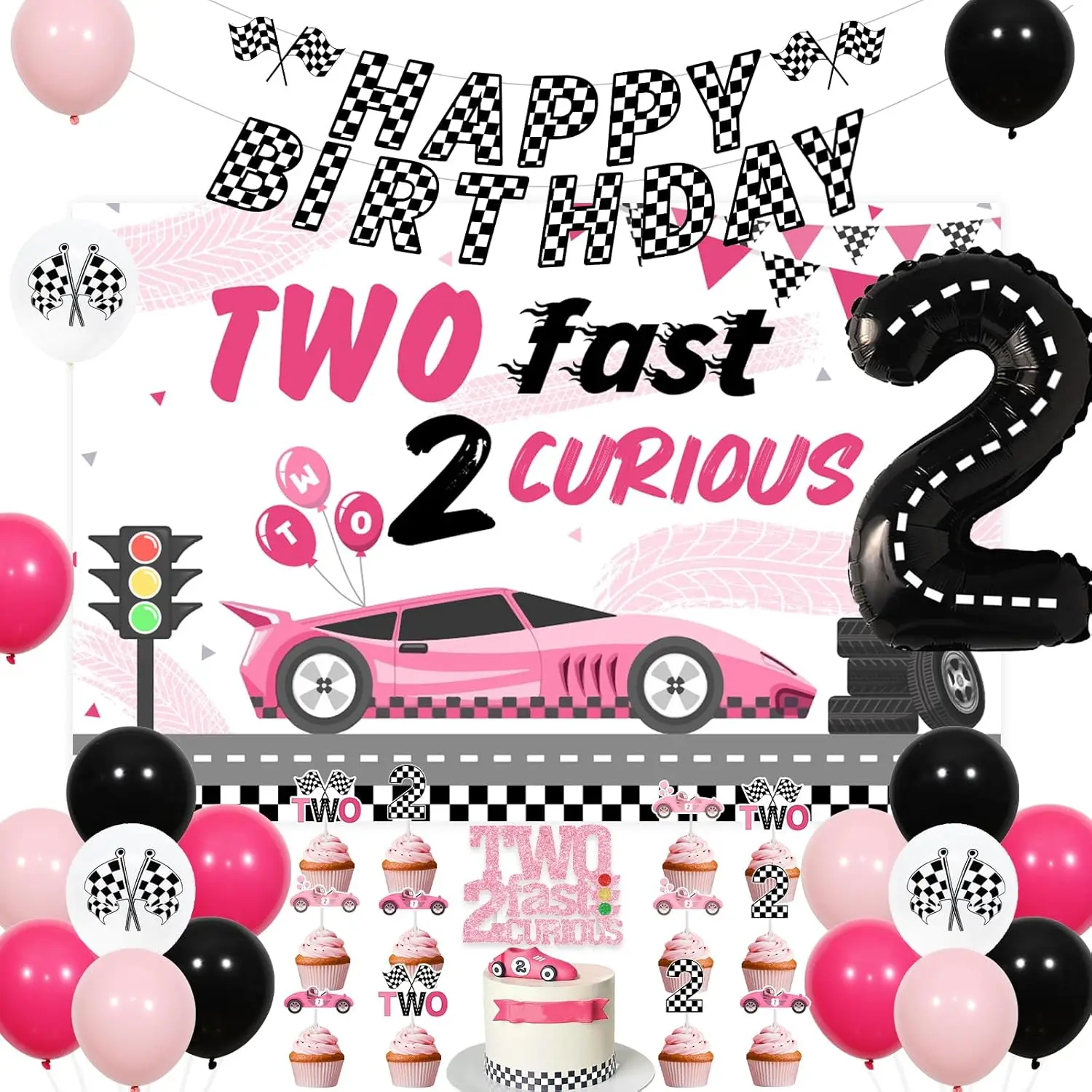 

Two Fast Two Curious Backdrop Cake Toppeer Racing Car Banner Checkered Wheel Balloons 2nd Birthday Let’sGo Racing Party Supplies