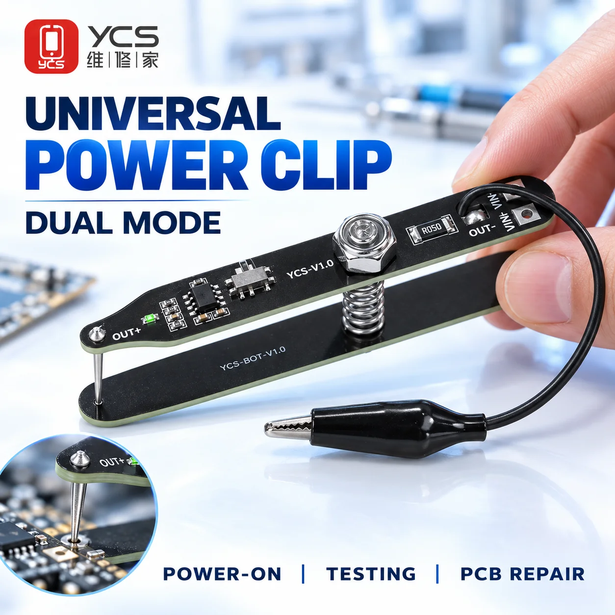 YCS Universal Power Clip Dual Mode Phone Motherboard Tester Probe Clamp with Indicator Light for PCB Power On and Repair Testing