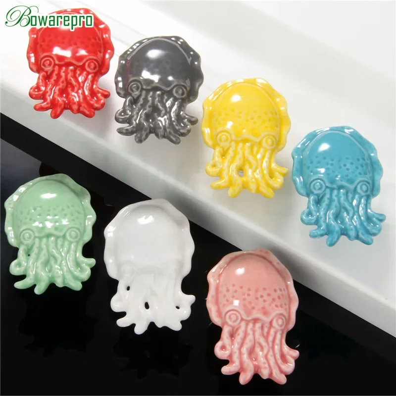 1Pc Creative Octopus Sea Animal Ceramic Cabinet Door Knobs Home Kid's Room Wardrobe Chest of Drawers Dresser Pulls Handle Button