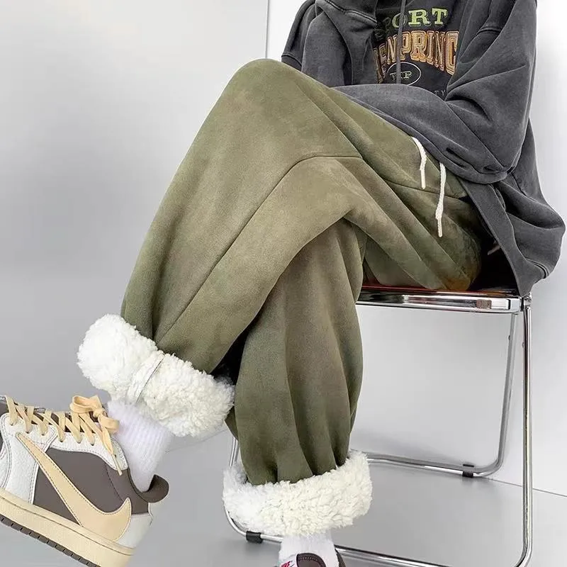 

Large Size Men's Casual Pants eepskin Fce Lined Warmth Leisure Trousers Loose Long Pants Autumn Winter Polyester Fiber