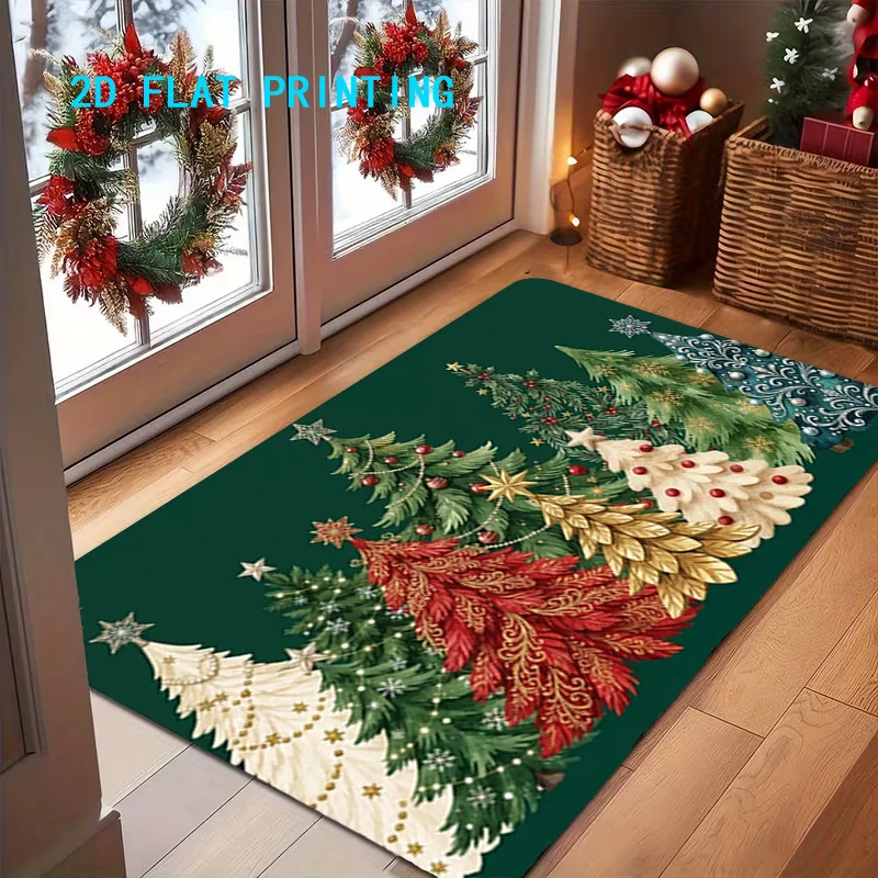 Plaid Merry Christmas Doormat 2D Flat Printed Wreath Bell Poinsettia Floor Rug for Entryway Indoor Xmas Holiday Decor