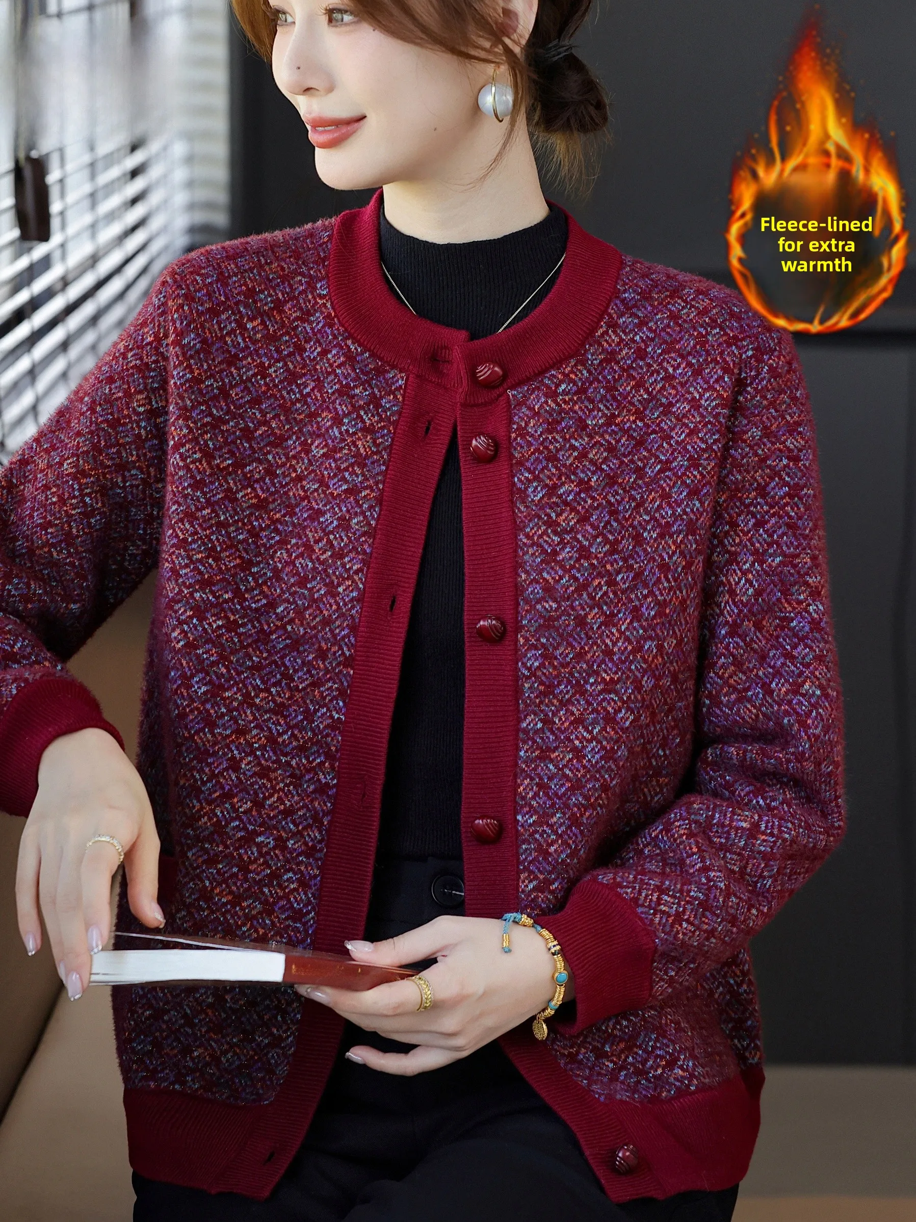 

Thiened Warmth Lamb Velvet Women's Knitted Open Cardigan round Ne ly Faion Autumn Winter Outerwear MAO@IFEI New 2025