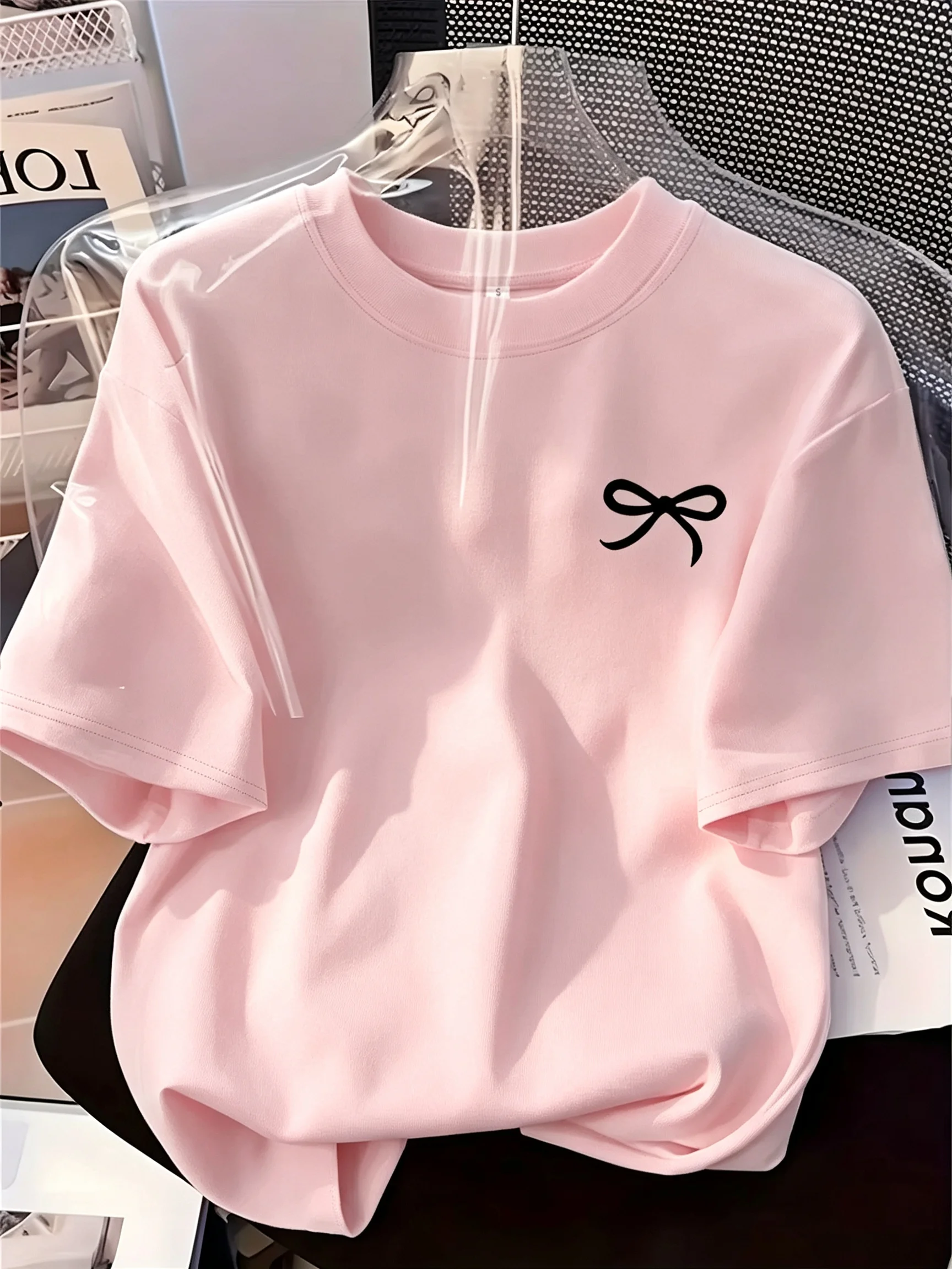 Simple Bow Print T Shirts For Women Minimal Aesthetic Graphic Short Sleeve Tops Sweet Casual Daily Wear Tees