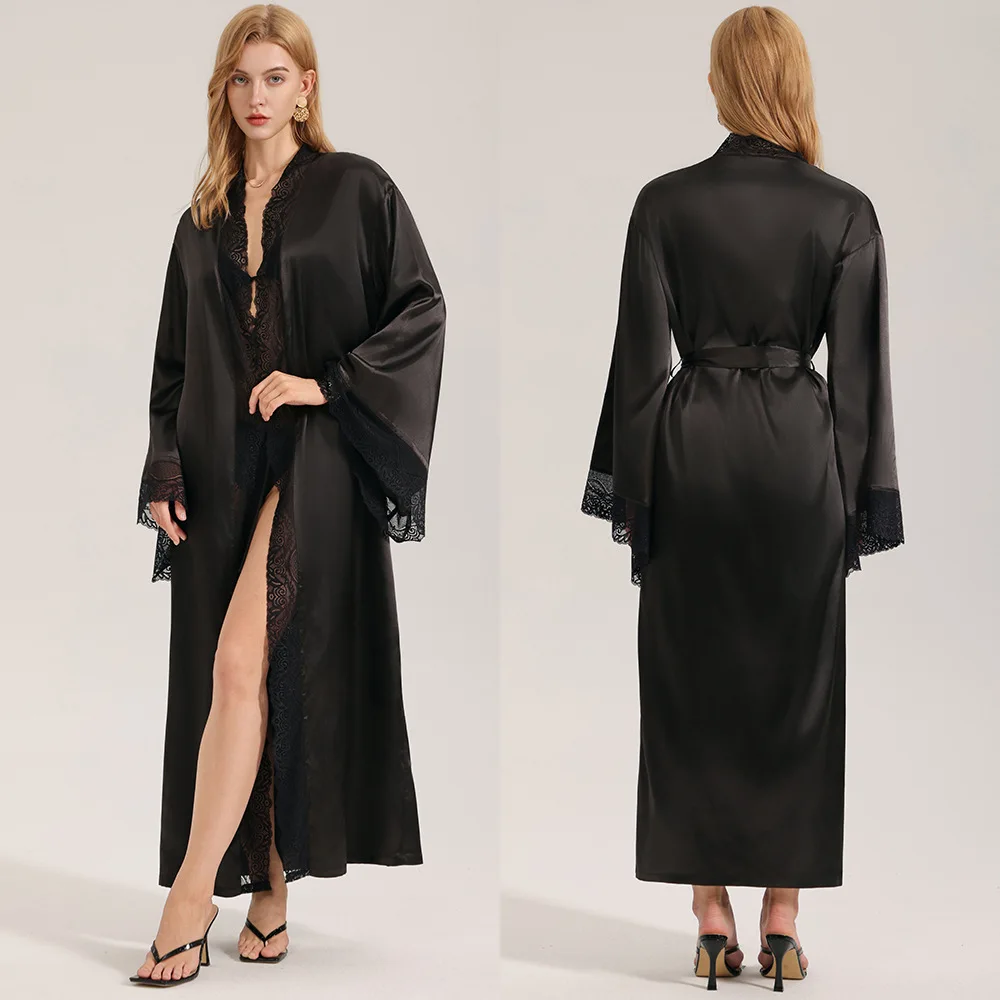 

Solid Color Simple Satin Lace Patchwork Long Ice Silk Robe Nightgown Black Satin Sexy Elegant Women's Spring Summer Home Wear