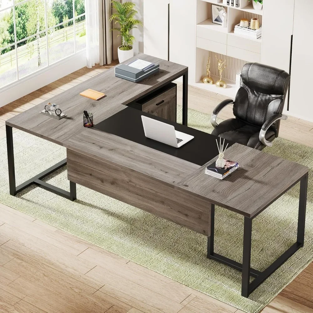 

L-Shaped Executive Desk 70.8" with Drawer Cabinet, Home Office Desk Set, Large Executive Office Desk with Separate File Cabinet