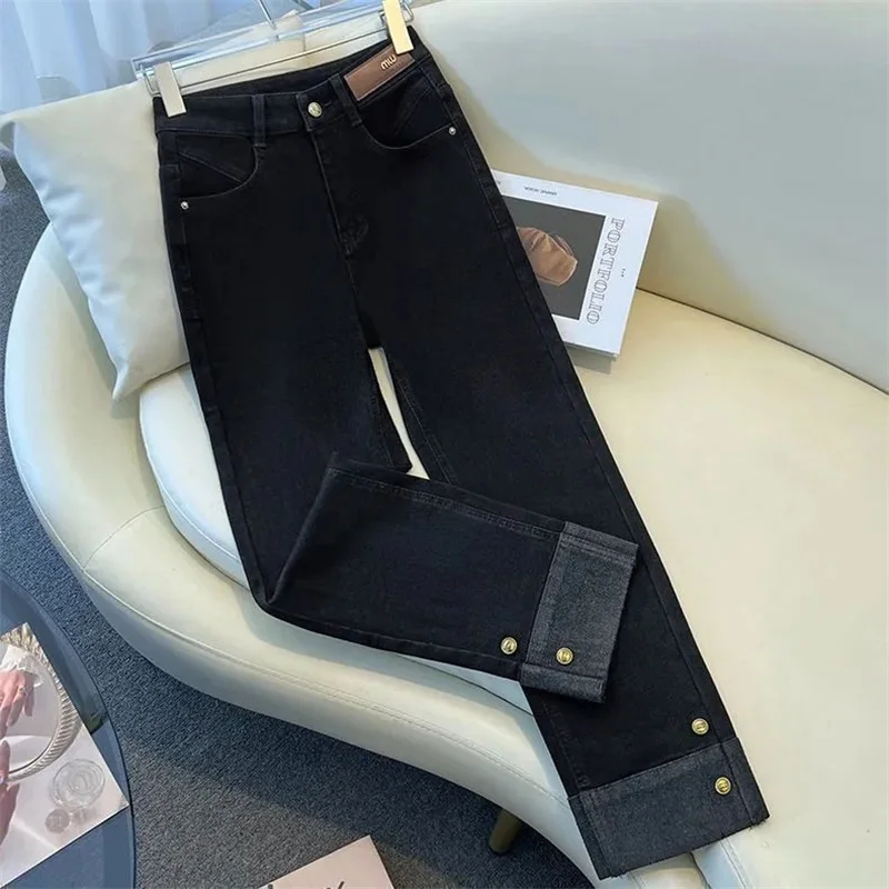 جينز أسود مستقيم الساق للنساء جديد عالي الخصر سروال دينم غير رسمي مرن لخريف وشتاء 2025 سروال سميك دافئ بطول الكاحل #1
