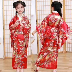 Japan Kimono Traditional Yukata Kids Girls Novelty National Dress Satin Luxury Oriental Bath Robe with Obi Performance Costume