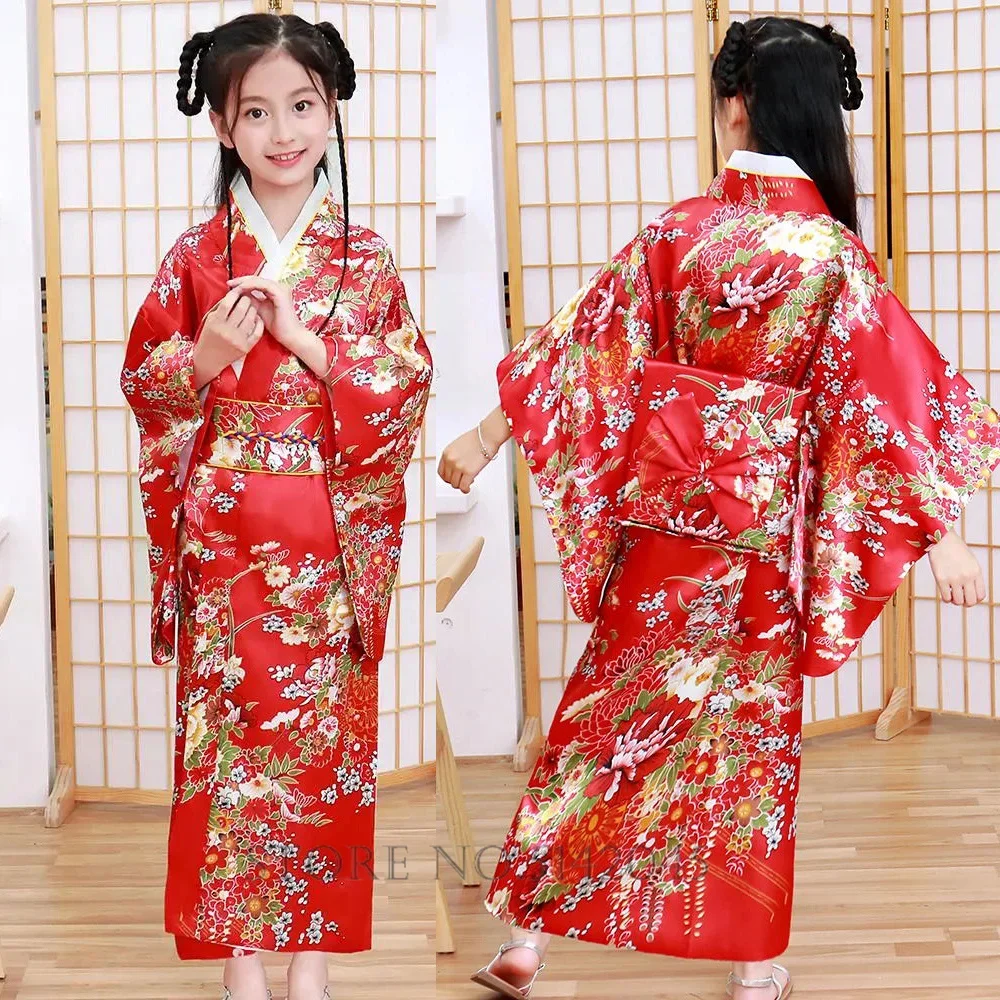 Japan Kimono Traditional Yukata Kids Girls Novelty National Dress Satin Luxury Oriental Bath Robe with Obi Performance Costume