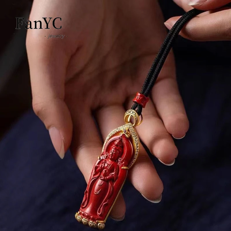 S925 Silver Inlaid Jade Cinnabar GuanYin Pendant Red Sand Bodhisattva Men\'s and Women\'s Necklace Exquisite Jewelry Mascot