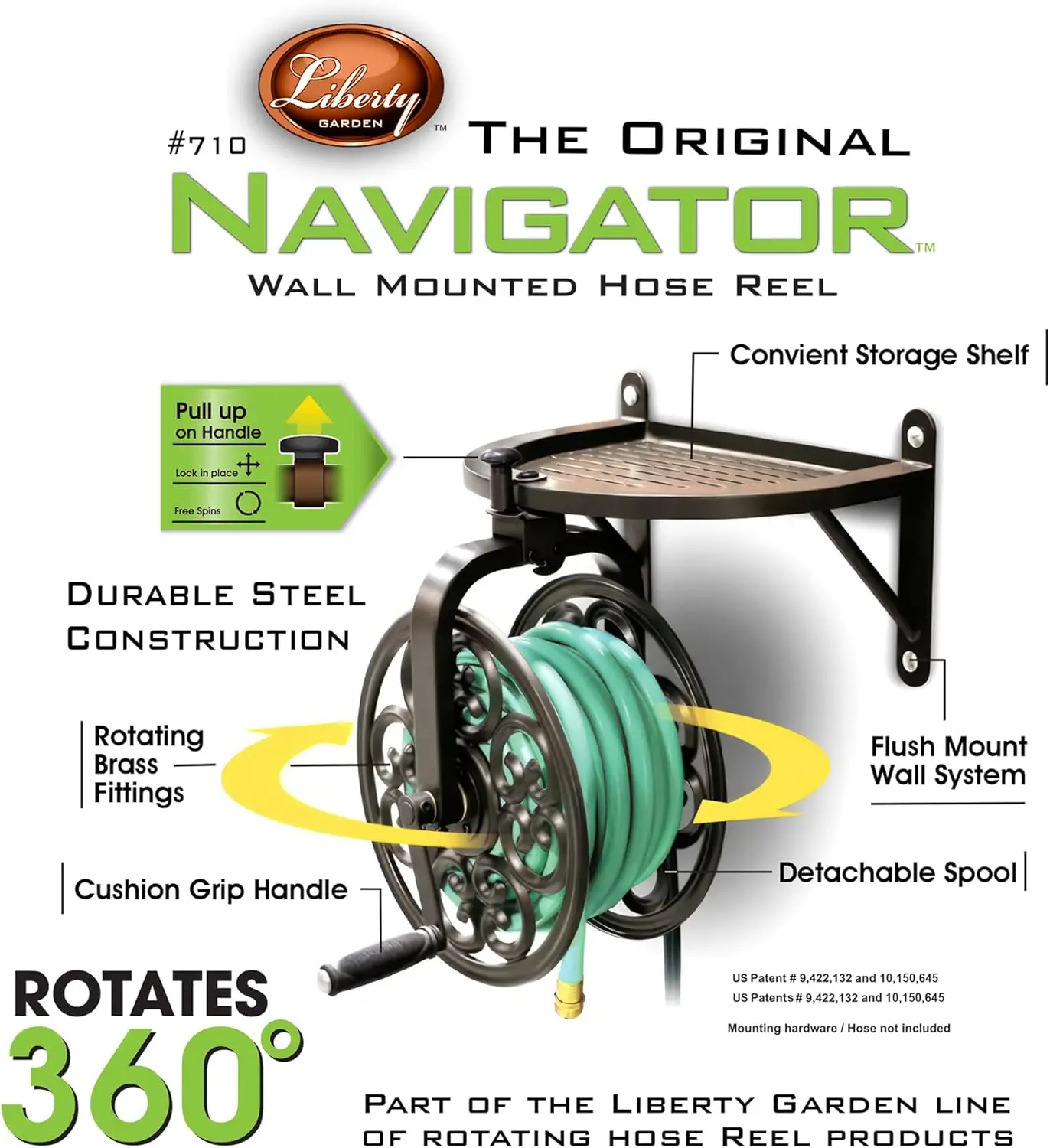 Garden 710 Navigator Rotating Garden Hose Reel, Holds 125-Feet of 5/8-Inch Hose - Bronze