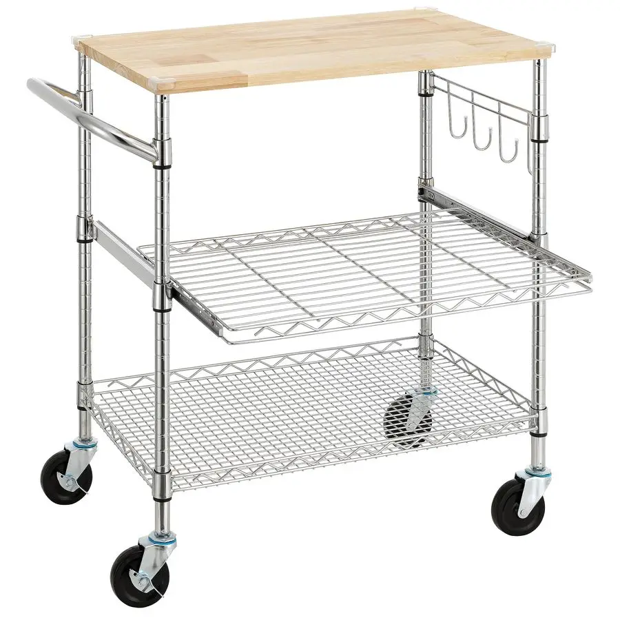 

3Tier Rolling Kitchen Cart With 18 D x 30 W Oak Wood Tabletop, Kitchen Island With 4 Wheels and Slider Shelf, Micro Customizable