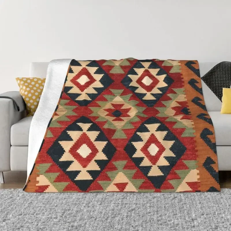 Vintage Turkish Kilim Blankets Warm Flannel Bohemian Geometric Diamond Tribal Ethnic Art Throw Blanket for Bed Travel Rug Piece