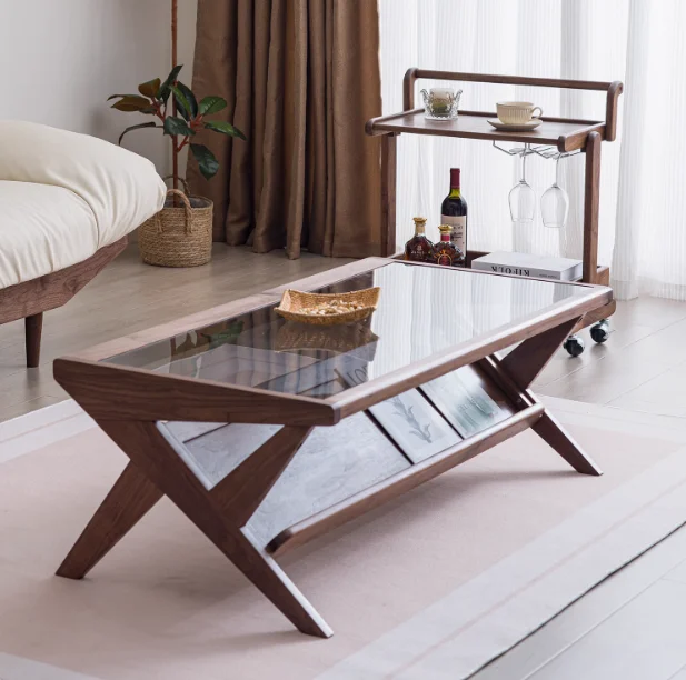 

Small living room, black walnut wood, glass, coffee table, solid wood, rectangular storage tea table