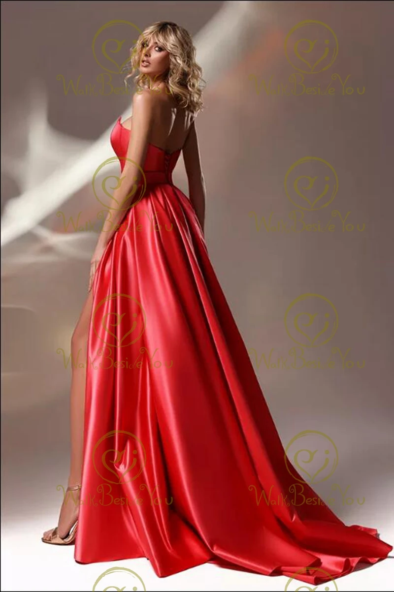 Red Prom Dresses 2024 Satin Long Strapless V Neck A Line Front Split Sweep Train Formal Party Evening Gowns Graduation Women