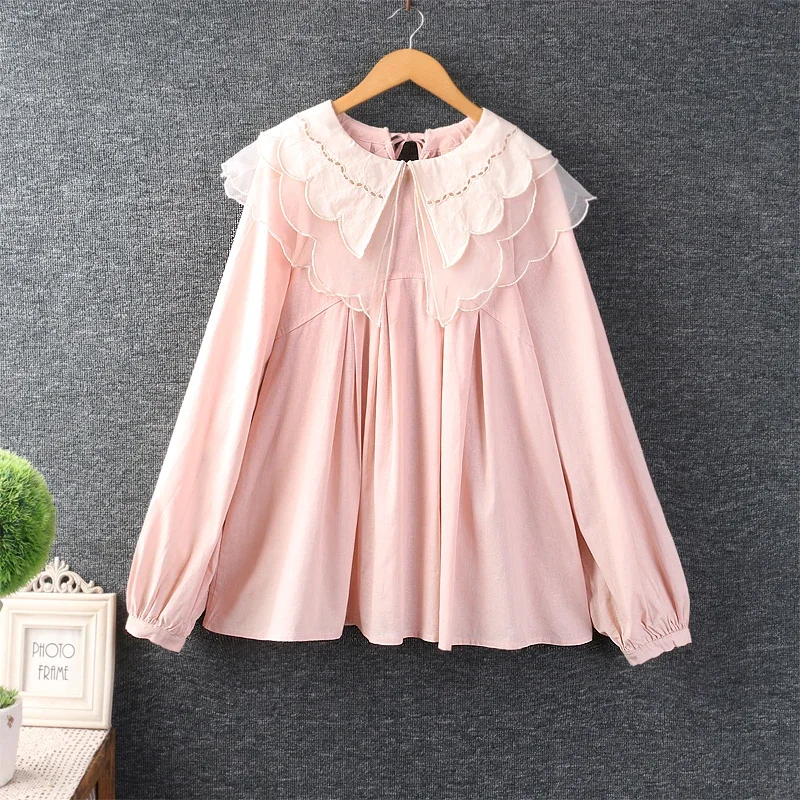 

Spring Autumn Japan Style Mori Girl Sweet Turndown Collar Blouse Women Long Sleeve Casual Loose Cotton linen Shirt Tops