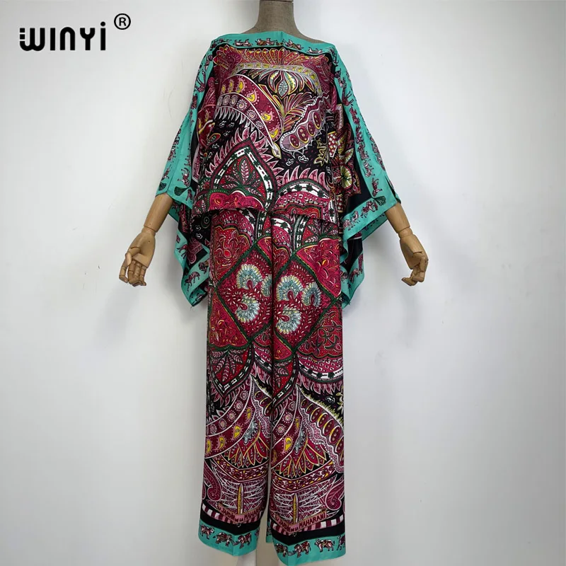 

WINYI new two-piece suit Bohemian Printed loose Batwing Sleeve top Women Silk feeling Floor Length New Fashion Pants and clothes