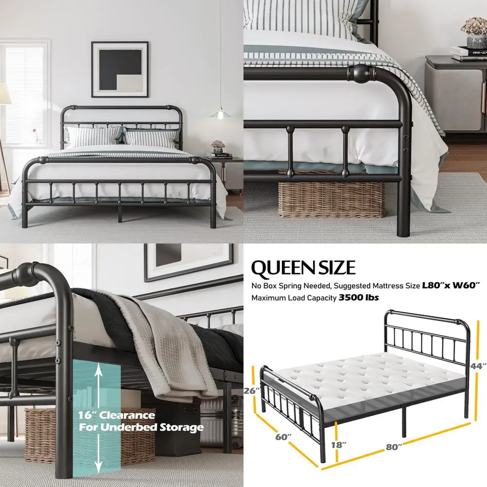إطار سرير معدني بحجم كوين مع لوح أمامي ولوح للقدمين ودعم عالي 18 بوصة، سعة 3500 رطل للمرتبة