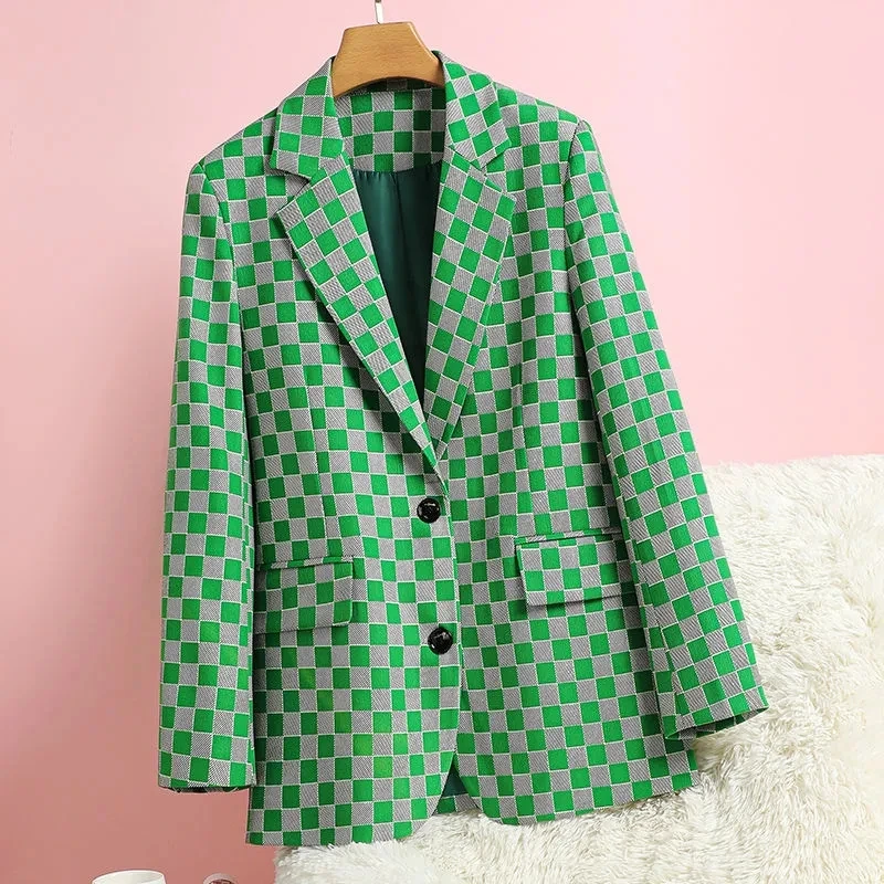 Imagem -05 - Primavera Outono Novos Produtos Preto Verde Xadrez Xadrez Terno Jaqueta Feminina Casual Moda Tendência Blazer