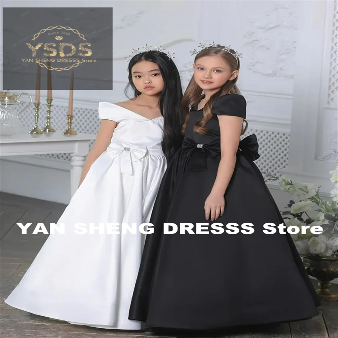 Customized  Flower Girl Dess For Wedding Floor Length Short Sleeeve With Bow Elegant Kids Birthday Party First Communion Gowns