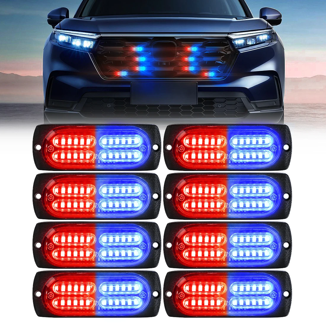 8-in-1 Grill Car LED Light Strobe Red Blue Emergency Smart Remote Car Truck Trailer Van Beacon Lamp Safety Flash Grille 12V 24V