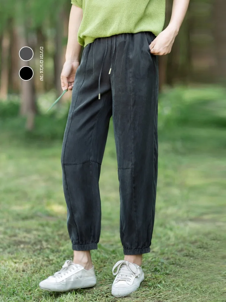 

Comfortable Copper Ammonia Silk Straight Leg Cuffed Pants Asymmetric Design ket Details l Waist Nine Points Length