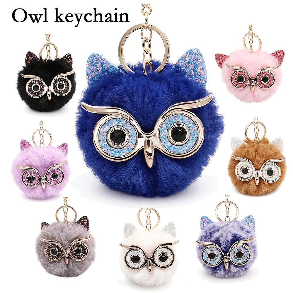 سلسلة مفاتيح على شكل بومة غامضة مع لمسات لامعة - إكسسوار من القطيفة للمفاتيح/الحقائب، هدية مثالية لمحبي الحيوانات والأناقة اللطيفة