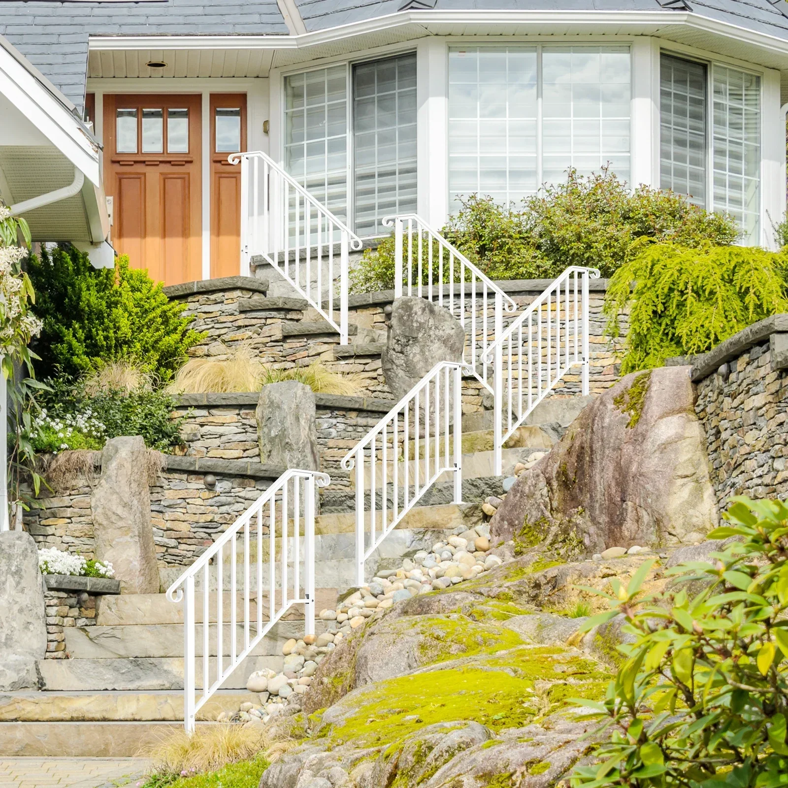 Handrails for Outdoor Steps, Iron Handrail Fits 3 Step, Transitional Handrail with Installation Kit, White