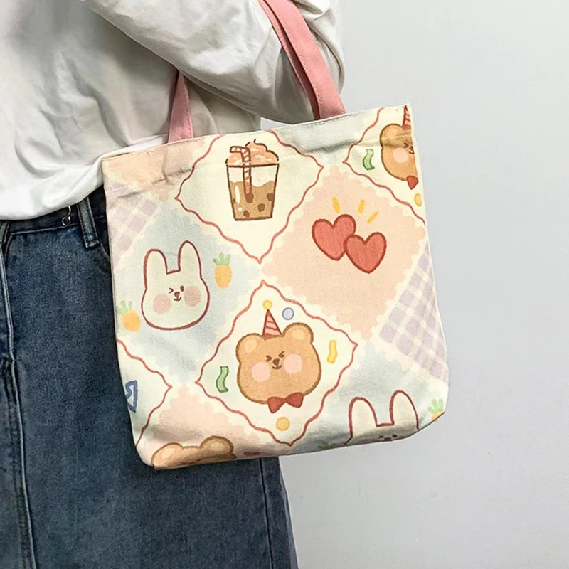 Fashion Canvas Tote Bags For Women Casual Shopper Handbag Japanese Style Cartoon Small Shoulder Bags