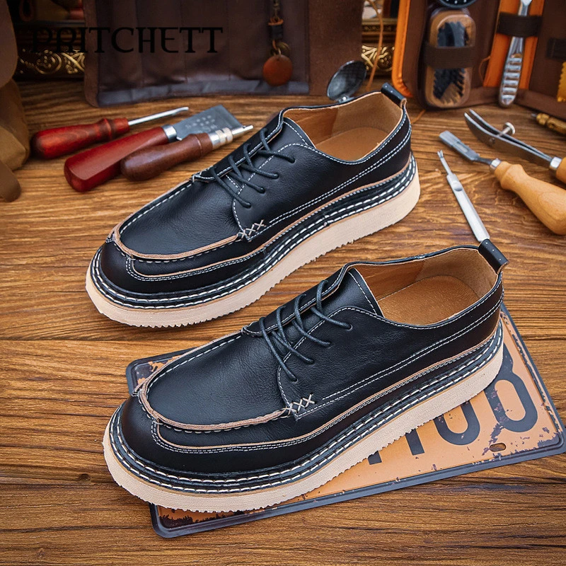 

New High-End Genuine Leather Shoes Spring Splicing Lace-Up Round-Toe Lace-Up Shoes Casual Workwear Fashion Men's Shoes