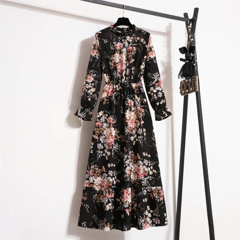 

Spring Summer Women Maxi Dresses Vestidoes Chiffon Dresses Full Sleeve Vintage Printed Floral Zipper Casual Long Dress