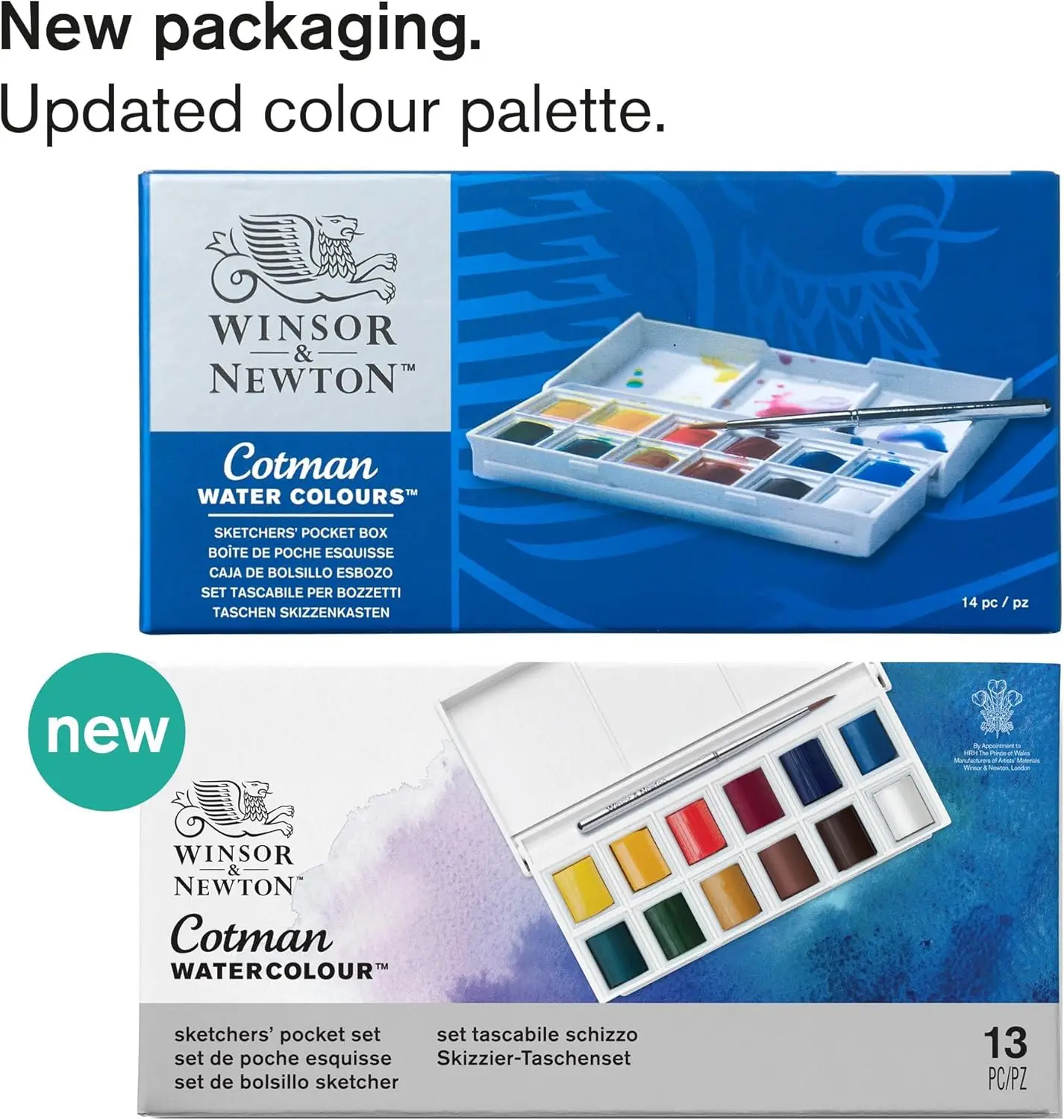 13/14PCS Winsor & Newton Cotman Watercolor Paint Set, Field Pocket Set, 12 Half Pan with Brush, Sponge, Bottle Outdoor Drawing