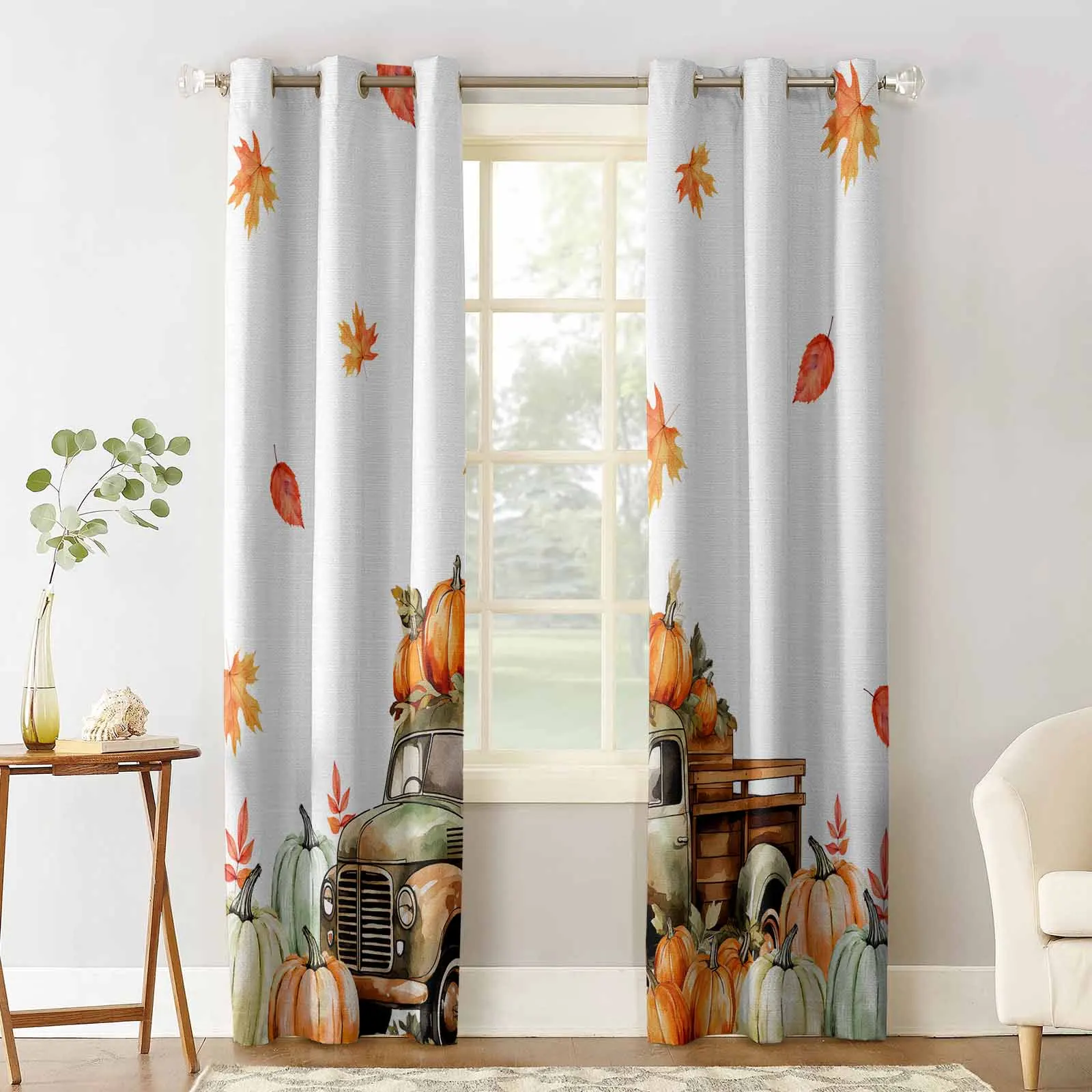 Fall Truck Pumpkin Maple Leaves Curtains for Living Room Window Decoration Curtains in Home Kitchen Luxury Bedroom Drapes