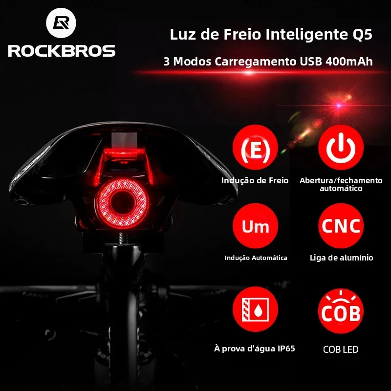 Lanterna Traseira Inteligente ROCKBROS para Bicicleta com Sensor de Freio Automático, IPX6 à Prova D'água, Luz Traseira LED para Ciclismo com Carregamento USB, Lanterna de Segurança para Bicicleta Q5
