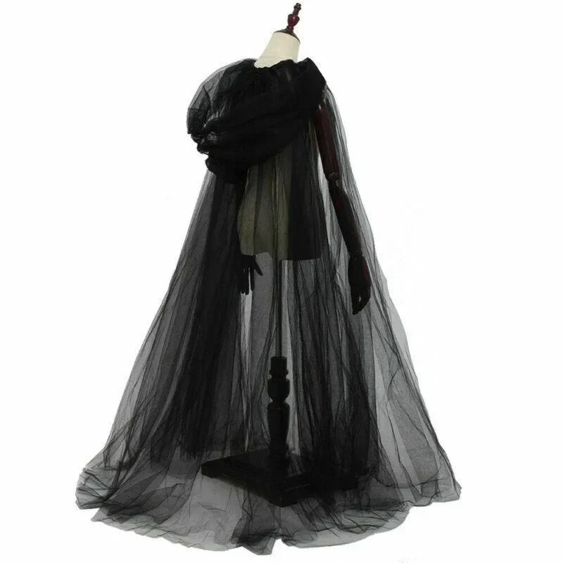Black Sheer Hooded Cape Women Long Tulle Cloak Halloween Witch Vampire Gothic Cosplay Costume Masquerade Party Outfit Accessory