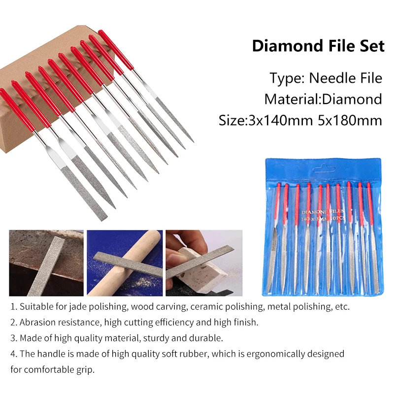 XCAN Diamond File Set 3x140mm 5x180mm Mini Needle File For Stone Glass Metal Carving Craft Hand Tools Needle File Set