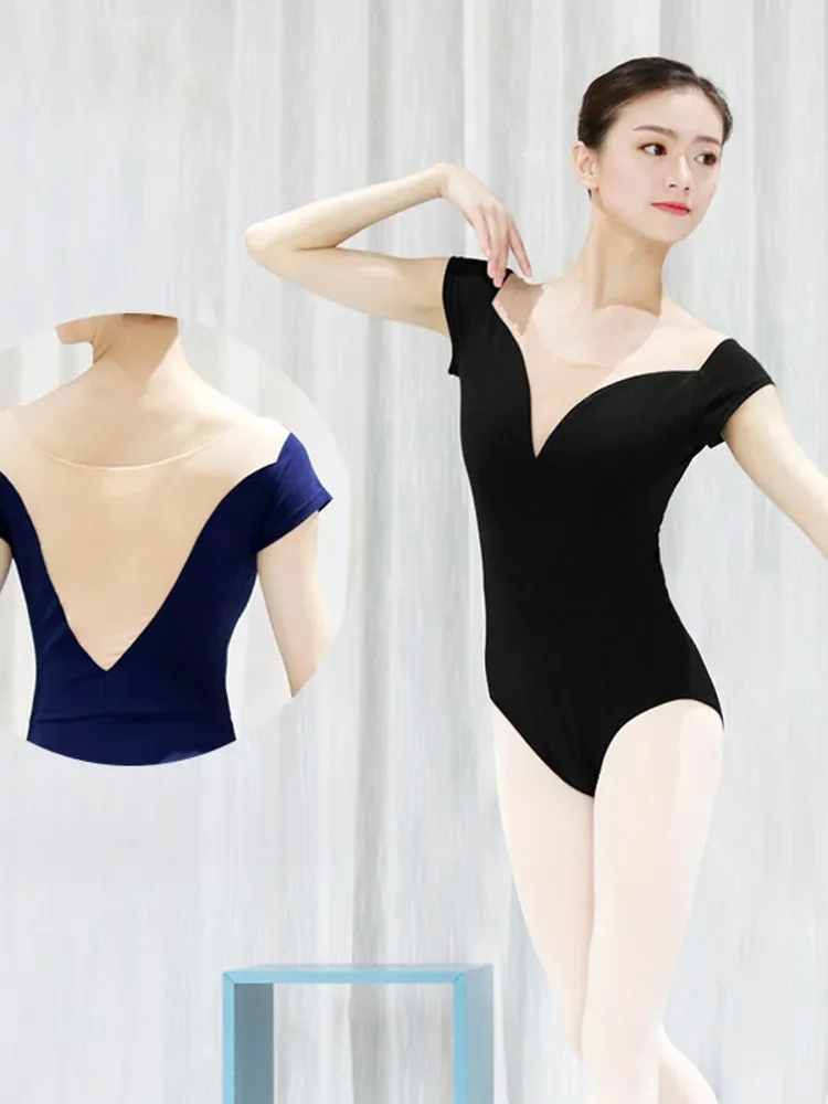 Elegante mesh patchwork romper met korte mouwen en ronde hals - Lichtgewicht balletdanskostuum voor toneelvoorstellingen