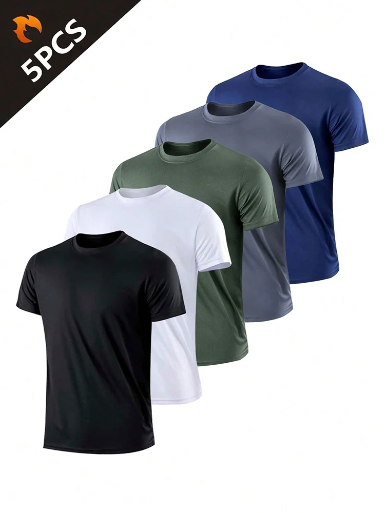 5PCS Men's Solid Color Ultralight Quick Dry Sport T-Shirt, Breathable Lightweight Top For Fitness Training Workout Running Gym