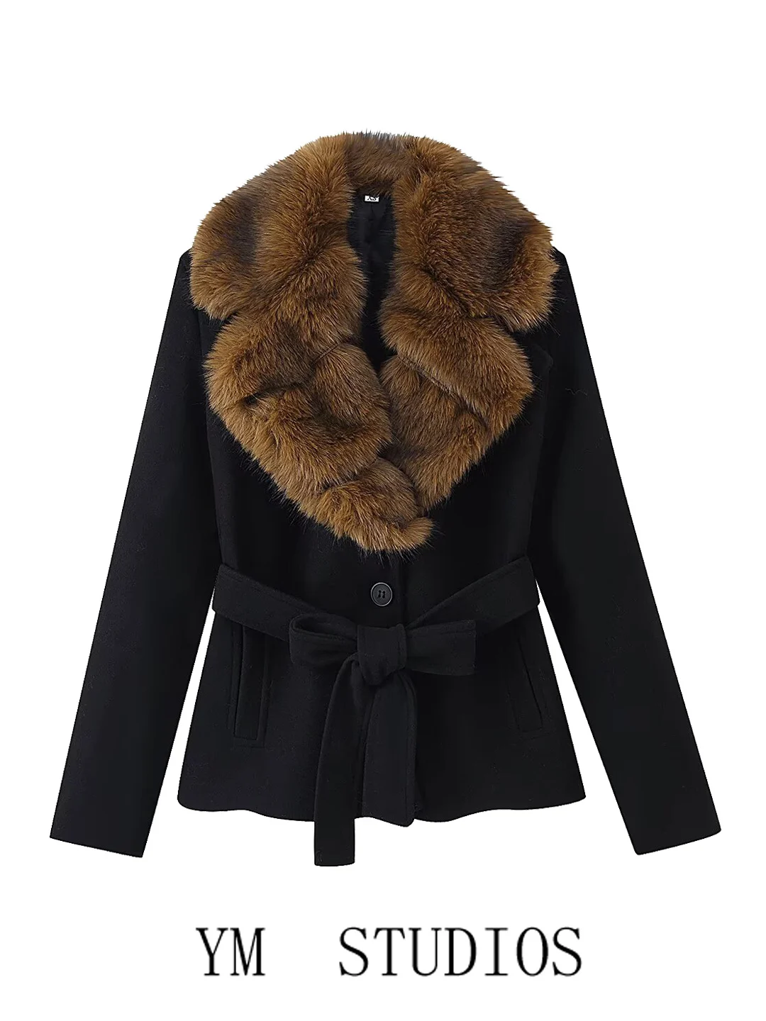 

Women's Woolen Coat with Belt Fake Fur Collar Large Sve Long Coat Regular Thin Winter Season Full Length Regular