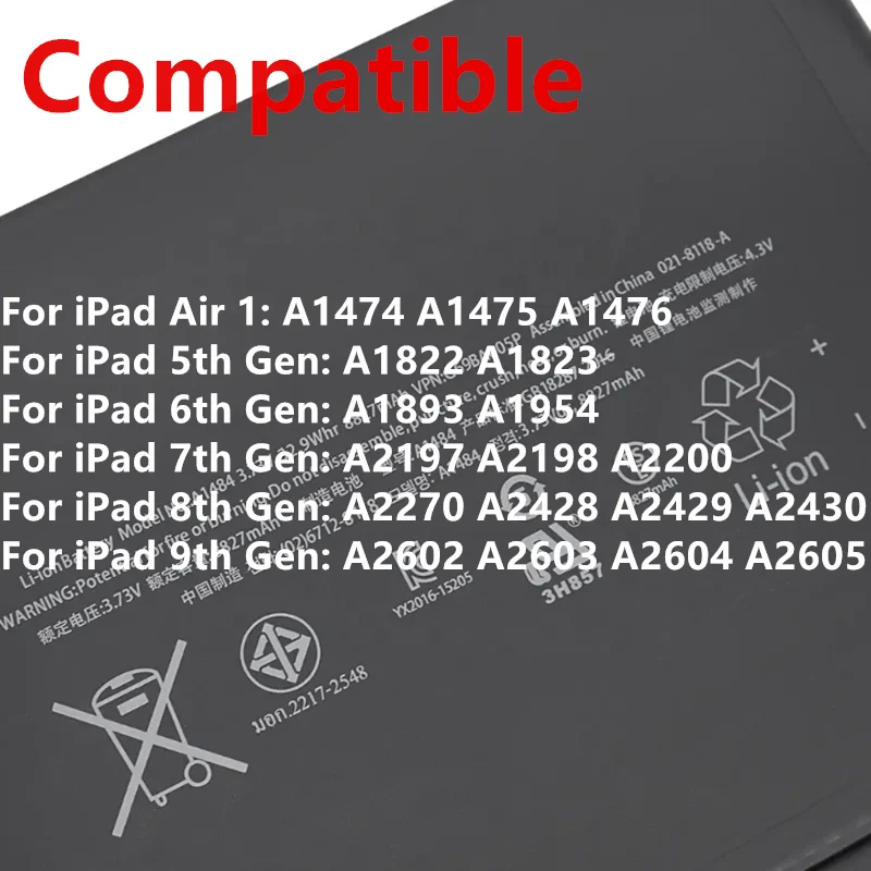 A1484 8827mAh Battery For iPad Air 1 5th 6the 7 8 9 Gen A1474 A1475 A1476 A1822 A1823 A1893 A1954 A2197 A2198 A2200 A2270