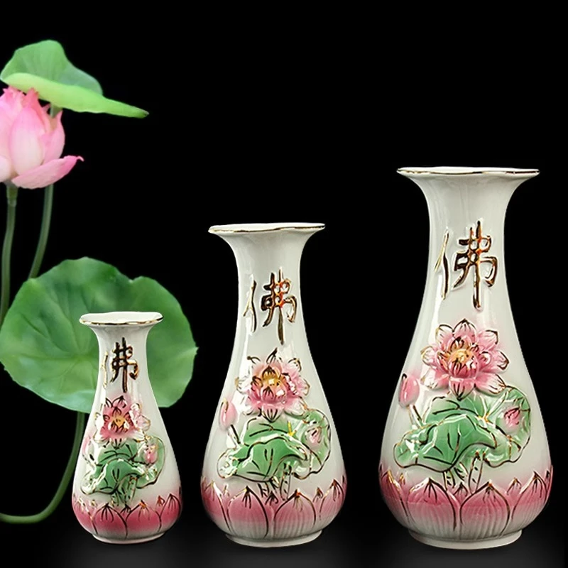 LYY  relief ceramic lotus flower vase for Buddha, purified water bottle for Buddha front vase, Buddhist hall home decoration