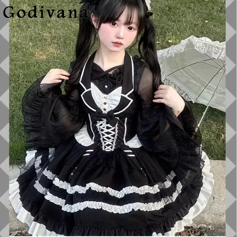Lolita JSK Black White Vintage Halter Neck Cake Dresses Sweet Girl High Waist A-line Age Reduction Princess Sleeveless Dress